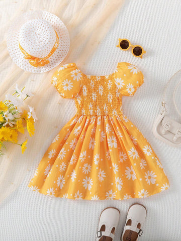 3pcs Solid Color Daisy Print Short Sleeve Dress With Hat And Headscarf, Summer