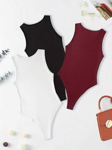 3pcs Solid Color Sleeveless Bodysuit