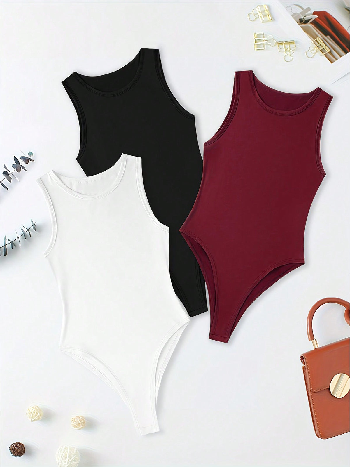 3pcs Solid Color Sleeveless Bodysuit