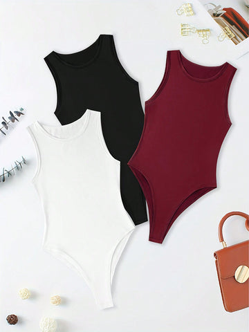 3pcs Solid Color Sleeveless Bodysuit