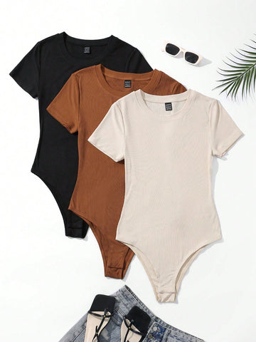 3pcs Solid Ribbed Knit Bodysuit