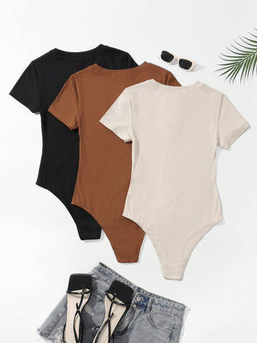 3pcs Solid Ribbed Knit Bodysuit