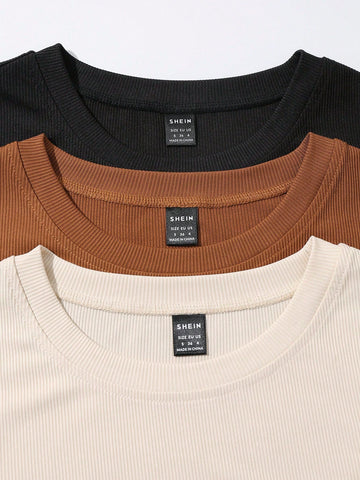 3pcs Solid Ribbed Knit Bodysuit