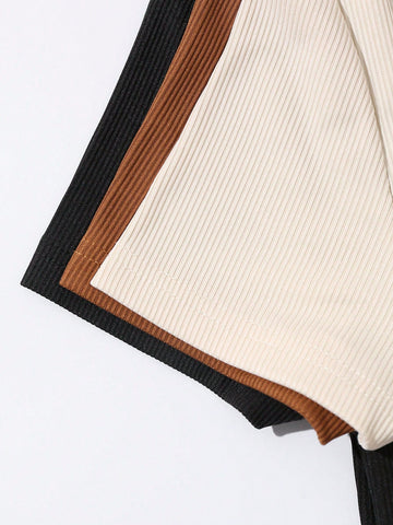 3pcs Solid Ribbed Knit Bodysuit