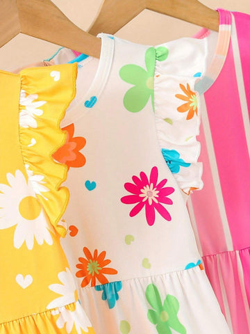 3pcs Sweet Girl Floral Print Cap Sleeve Dress Set, Summer, With Waistband And Round Neck Striped Dress, For Kids' Cute Casual Holiday Outfits