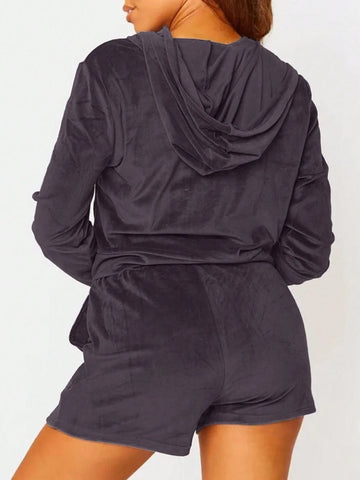 3pcs Women Velvet Sleeveless Crop Top, Drawstring Waist Shorts And Zip-Up Hooded Jacket Set For Autumn/Winter