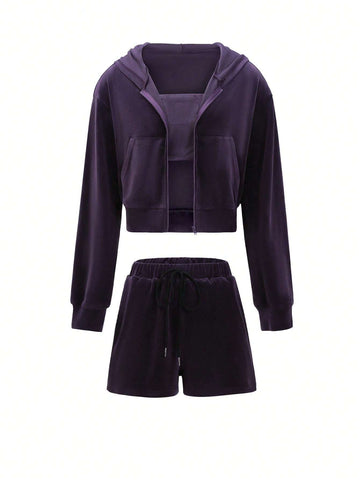 3pcs Women Velvet Sleeveless Crop Top, Drawstring Waist Shorts And Zip-Up Hooded Jacket Set For Autumn/Winter