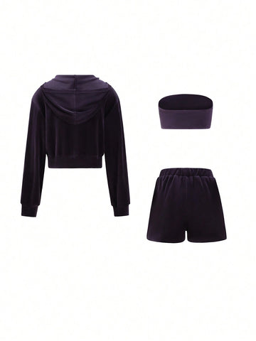 3pcs Women Velvet Sleeveless Crop Top, Drawstring Waist Shorts And Zip-Up Hooded Jacket Set For Autumn/Winter