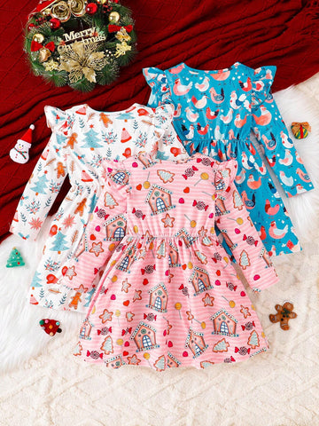 3pcs Xmas Candy Christmas Tree, Snowman, Cartoon Chick Print Ruffle Hem Dress Set