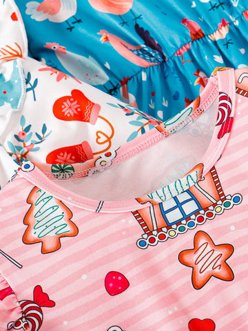 3pcs Xmas Candy Christmas Tree, Snowman, Cartoon Chick Print Ruffle Hem Dress Set