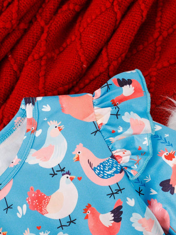 3pcs Xmas Candy Christmas Tree, Snowman, Cartoon Chick Print Ruffle Hem Dress Set