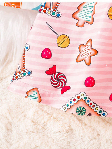 3pcs Xmas Candy Christmas Tree, Snowman, Cartoon Chick Print Ruffle Hem Dress Set