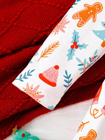 3pcs Xmas Candy Christmas Tree, Snowman, Cartoon Chick Print Ruffle Hem Dress Set