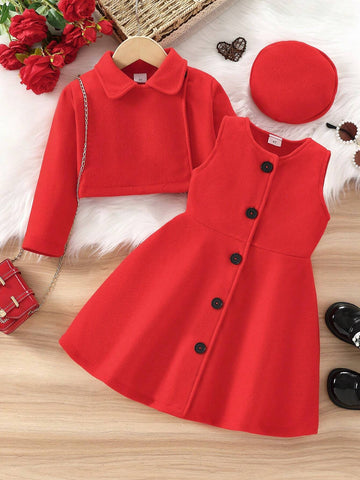 3pcs Young Girl Casual Elegant Ladylike Sweet Cute Retro Jacket/Coat And Sleeveless Dress With Hat Set
