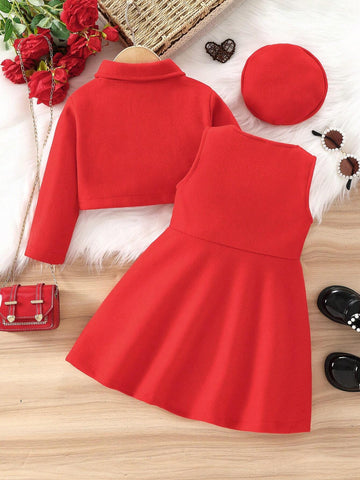 3pcs Young Girl Casual Elegant Ladylike Sweet Cute Retro Jacket/Coat And Sleeveless Dress With Hat Set