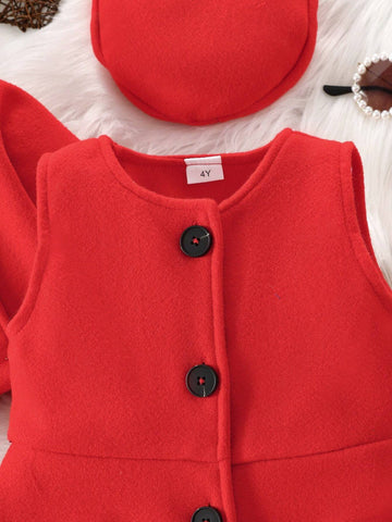 3pcs Young Girl Casual Elegant Ladylike Sweet Cute Retro Jacket/Coat And Sleeveless Dress With Hat Set