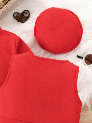 3pcs Young Girl Casual Elegant Ladylike Sweet Cute Retro Jacket/Coat And Sleeveless Dress With Hat Set