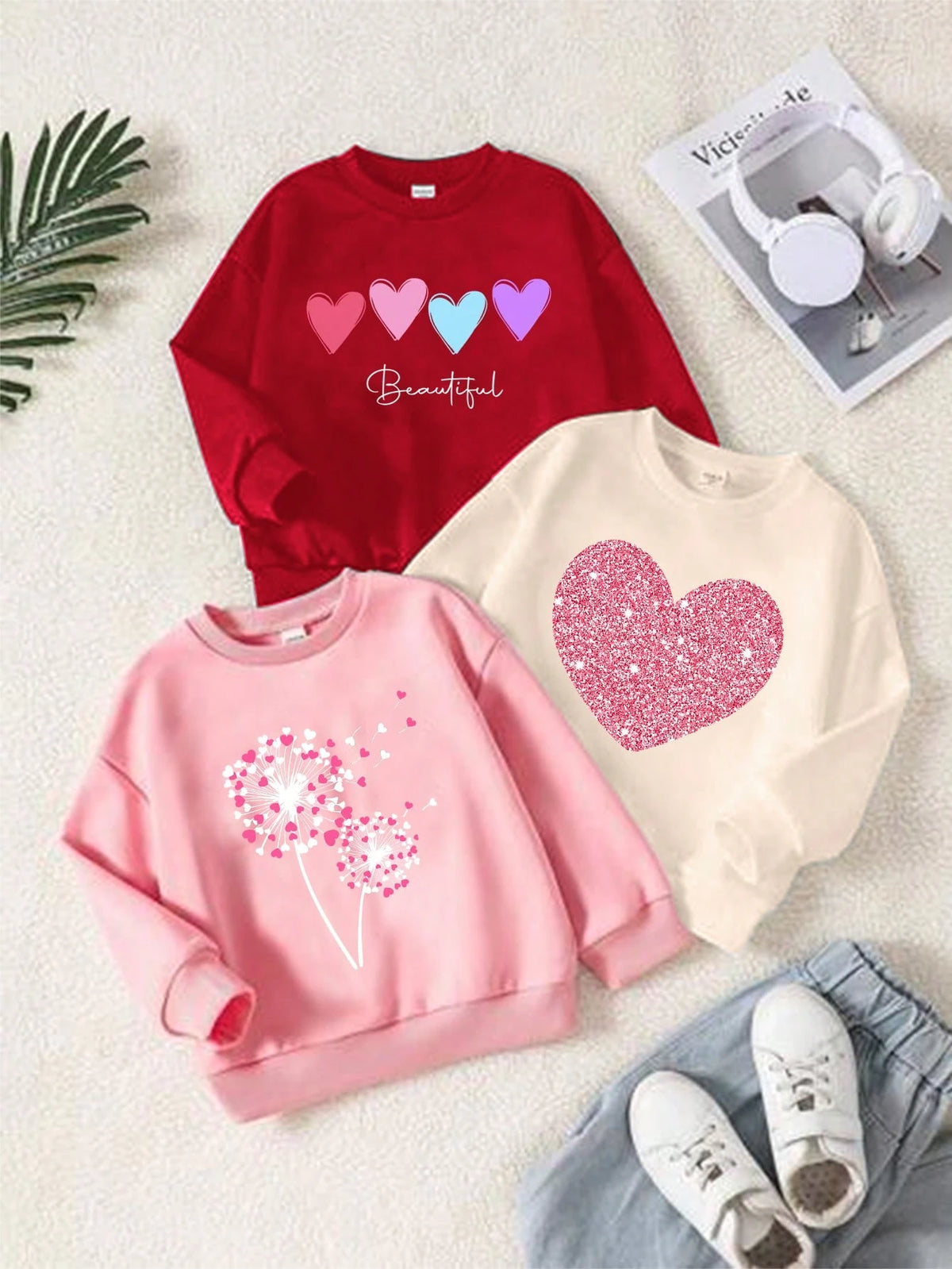 3pcs Young Girl Casual Minimalist Thicker Thermal Lined Crew Neck Sweatshirt Set, Suitable For Autumn & Winter