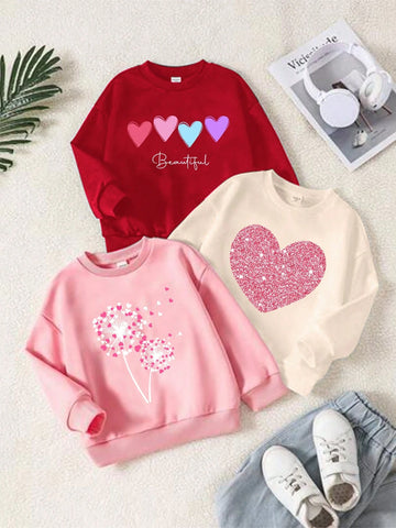 3pcs Young Girl Casual Minimalist Thicker Thermal Lined Crew Neck Sweatshirt Set, Suitable For Autumn & Winter