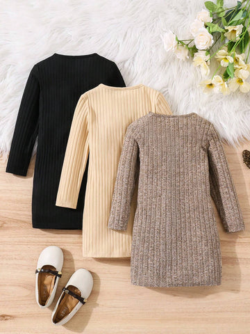 3pcs/ Young Girl Cute Striped Knitted T-Shirt Dress, Buy 1 Get 2,Comfortable, Lovely And Sweet, Suitable For Winter & Fall