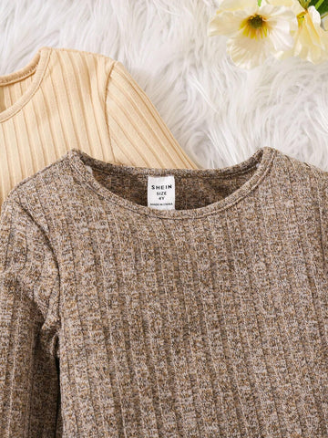 3pcs/ Young Girl Cute Striped Knitted T-Shirt Dress, Buy 1 Get 2,Comfortable, Lovely And Sweet, Suitable For Winter & Fall