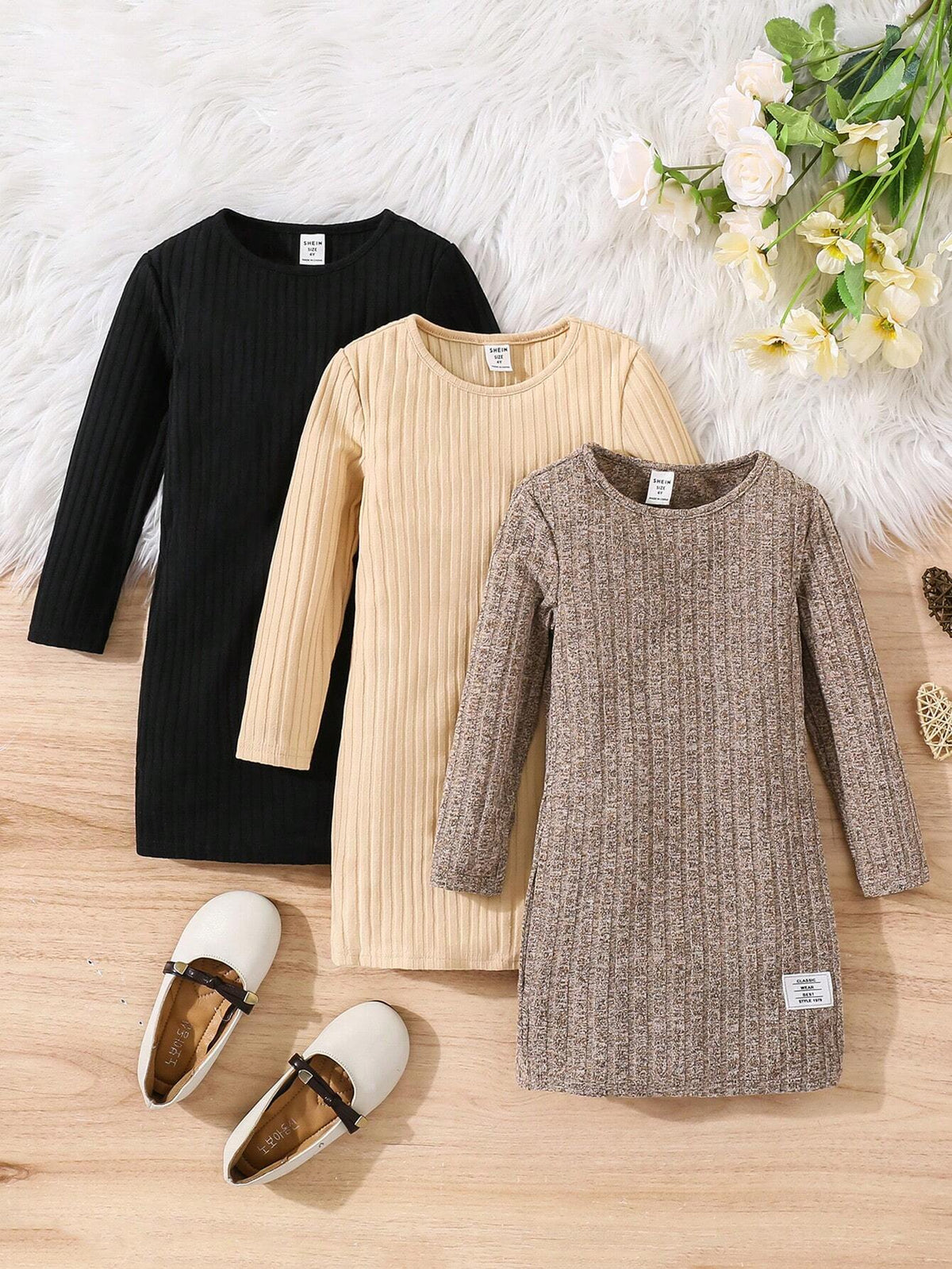 3pcs/ Young Girl Cute Striped Knitted T-Shirt Dress, Buy 1 Get 2,Comfortable, Lovely And Sweet, Suitable For Winter & Fall