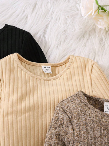 3pcs/ Young Girl Cute Striped Knitted T-Shirt Dress, Buy 1 Get 2,Comfortable, Lovely And Sweet, Suitable For Winter & Fall