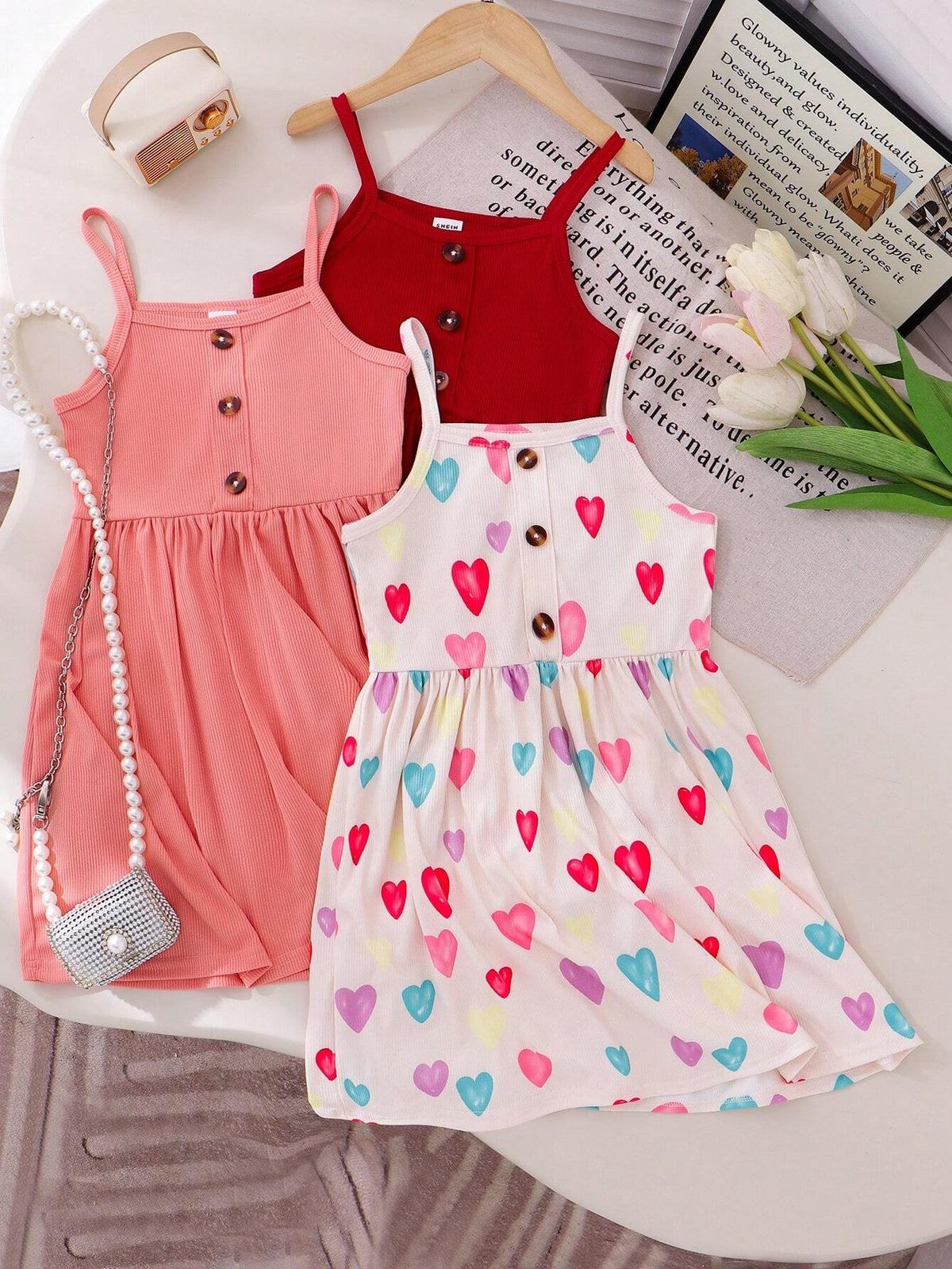 3pcs Young Girl Summer Strap Multi-Color Knitted Ribbed Waisted Sundress, Casual & For Holiday