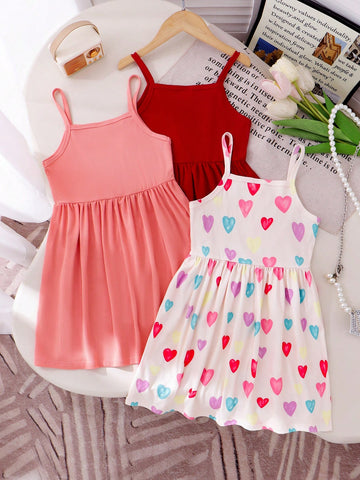 3pcs Young Girl Summer Strap Multi-Color Knitted Ribbed Waisted Sundress, Casual & For Holiday