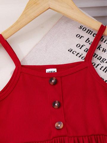 3pcs Young Girl Summer Strap Multi-Color Knitted Ribbed Waisted Sundress, Casual & For Holiday