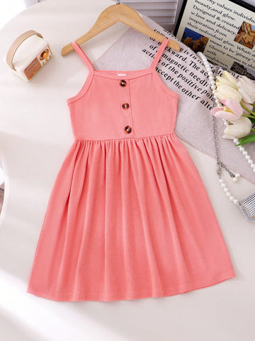 3pcs Young Girl Summer Strap Multi-Color Knitted Ribbed Waisted Sundress, Casual & For Holiday