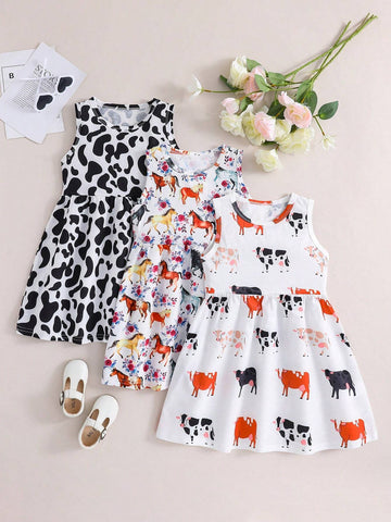 3pcs Young Girls Casual Round Neck Dress Set With Rose, Heart And Flower Pattern For Summer