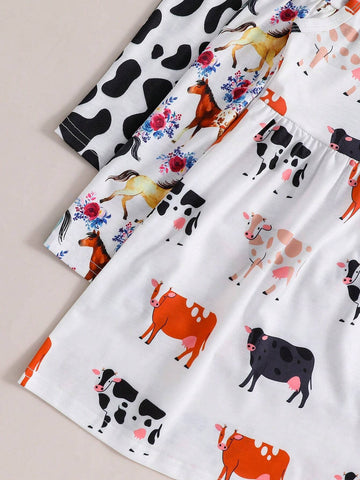 3pcs Young Girls Casual Round Neck Dress Set With Rose, Heart And Flower Pattern For Summer