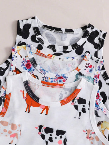 3pcs Young Girls Casual Round Neck Dress Set With Rose, Heart And Flower Pattern For Summer