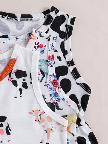 3pcs Young Girls Casual Round Neck Dress Set With Rose, Heart And Flower Pattern For Summer