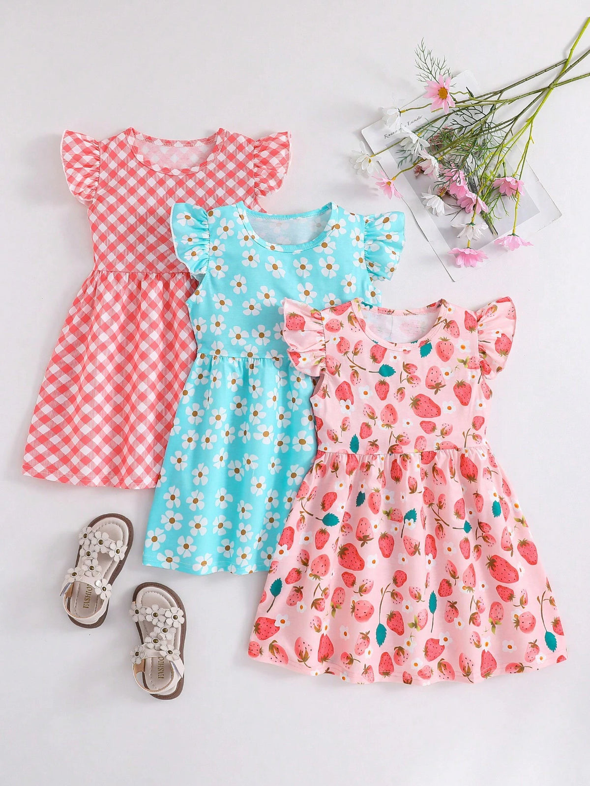 3pcs Young Girls' Casual Simple Summer Cool Printed Dress Set With Floral And Polka Dot Pattern