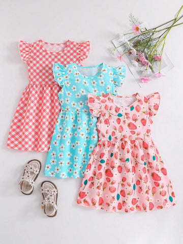 3pcs Young Girls' Casual Simple Summer Cool Printed Dress Set With Floral And Polka Dot Pattern