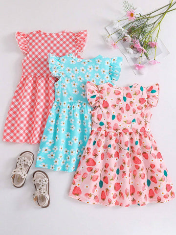 3pcs Young Girls' Casual Simple Summer Cool Printed Dress Set With Floral And Polka Dot Pattern