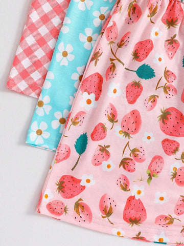 3pcs Young Girls' Casual Simple Summer Cool Printed Dress Set With Floral And Polka Dot Pattern
