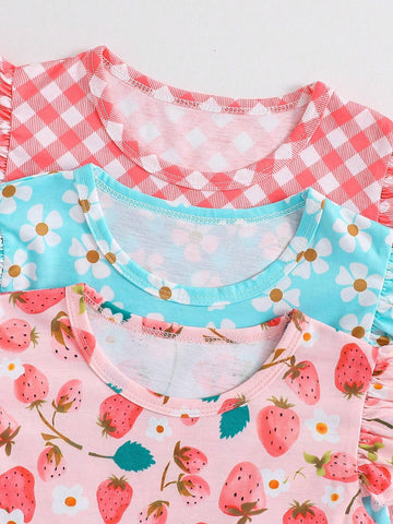 3pcs Young Girls' Casual Simple Summer Cool Printed Dress Set With Floral And Polka Dot Pattern