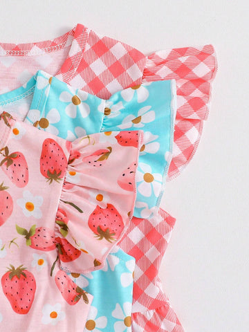 3pcs Young Girls' Casual Simple Summer Cool Printed Dress Set With Floral And Polka Dot Pattern