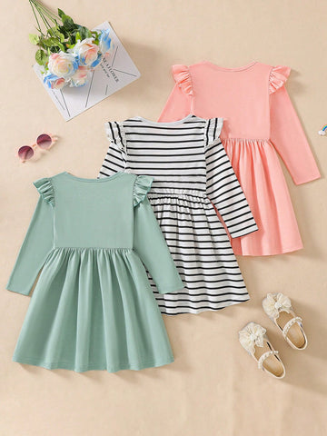 3pcs Young Girls Casual Solid Color Lantern Sleeve Round Neck A-Line Loose Waist Midi Dress Set, Spring Autumn
