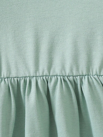 3pcs Young Girls Casual Solid Color Lantern Sleeve Round Neck A-Line Loose Waist Midi Dress Set, Spring Autumn