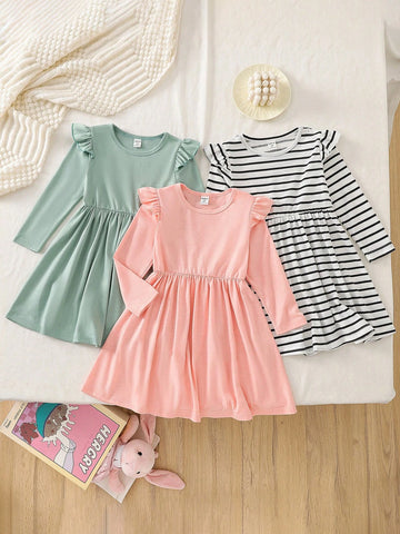 3pcs Young Girls Casual Solid Color Lantern Sleeve Round Neck A-Line Loose Waist Midi Dress Set, Spring Autumn