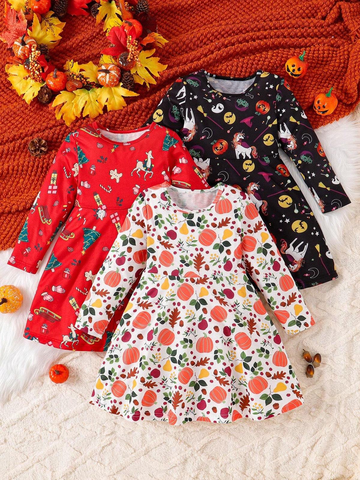 3pcs Young Girls Christmas Reindeer, Christmas Tree & Pumpkin Print Dress Set