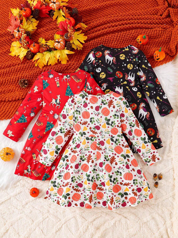 3pcs Young Girls Christmas Reindeer, Christmas Tree & Pumpkin Print Dress Set