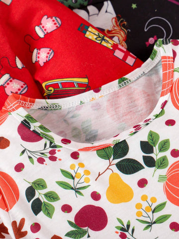 3pcs Young Girls Christmas Reindeer, Christmas Tree & Pumpkin Print Dress Set