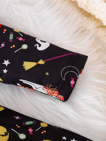 3pcs Young Girls Christmas Reindeer, Christmas Tree & Pumpkin Print Dress Set