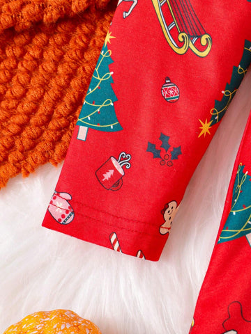 3pcs Young Girls Christmas Reindeer, Christmas Tree & Pumpkin Print Dress Set