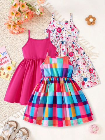 3pcs Young Girls Cute & Sweet Fresh Strappy Elastic Waist Spaghetti Strap Dresses